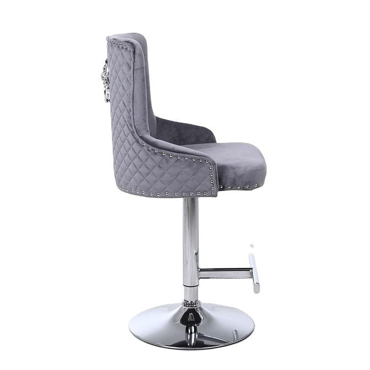 Majestic Grey Velvet Diamond Quilted - Lion Head Knocker Back Bar Stool - The Furniture Mega Store 