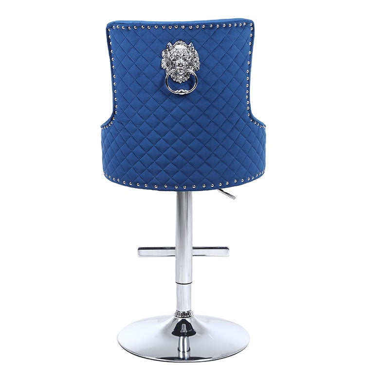 Majestic Navy Velvet Diamond Quilted - Lion Head Knocker Back Bar Stool - The Furniture Mega Store 