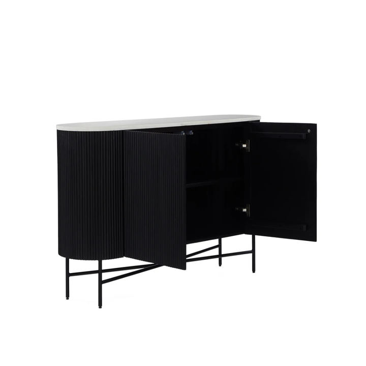 Miles Charcoal Fluted Mango & White Marble Small Curved Sideboard - 100cm - The Furniture Mega Store 