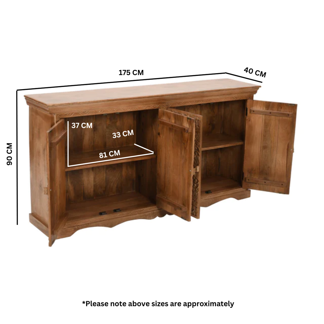 Carved Mango Wood Large 4 Door Sideboard - 175cm - The Furniture Mega Store 