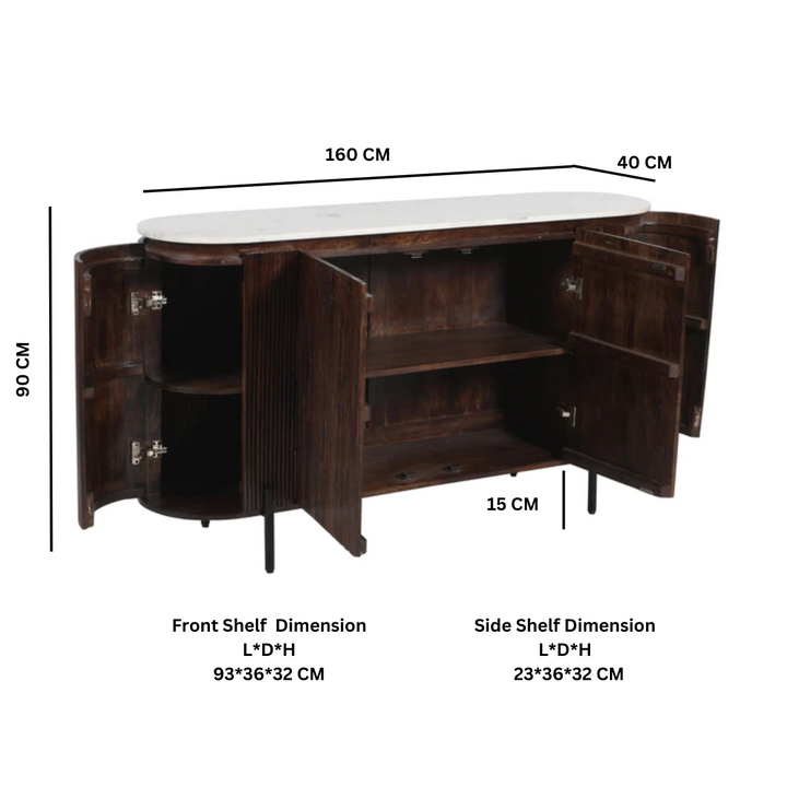 Opal Fluted Mango Wood & Marble Large Sideboard - 160cm - The Furniture Mega Store 