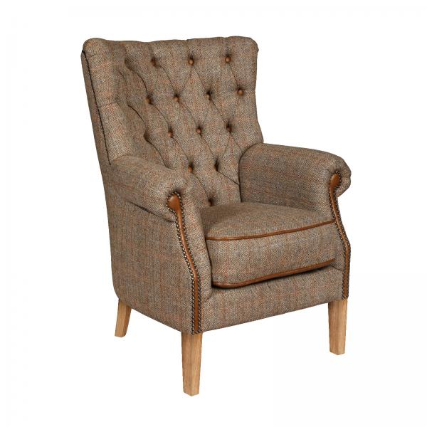 Hexham Chesterfield Wing Chair - Harris Tweed & Vintage Leather - The Furniture Mega Store 