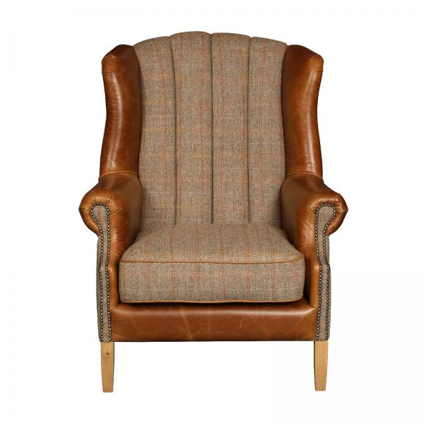 Fluted Wingback Armchair Hunting Lodge Harris Tweed & Vintage Brown Leather - The Furniture Mega Store 