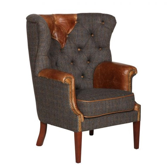 Knightsbridge Harris Tweed & Vintage Leather Wingback Chair - Various Options - The Furniture Mega Store 