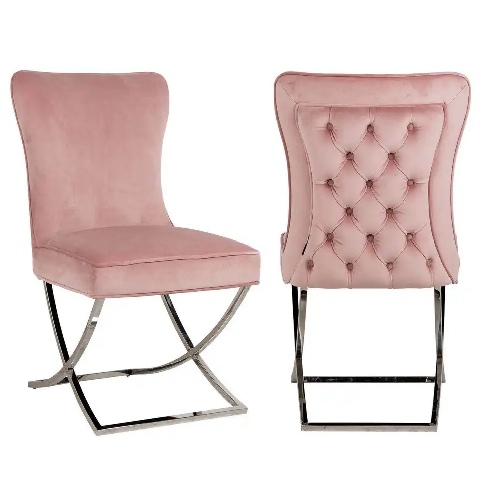 Knightsbridge Buttoned Back Pink Velvet Cross Leg Dining Chairs - Set Of 2 - The Furniture Mega Store 