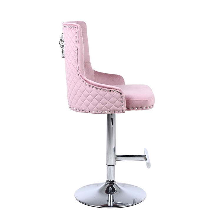 Majestic Pink Velvet Diamond Quilted - Lion Head Knocker Back Bar Stool - The Furniture Mega Store 