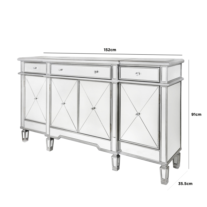 Beaumont Silver 3 Drawer 4 Door Mirrored Sideboard - The Furniture Mega Store 