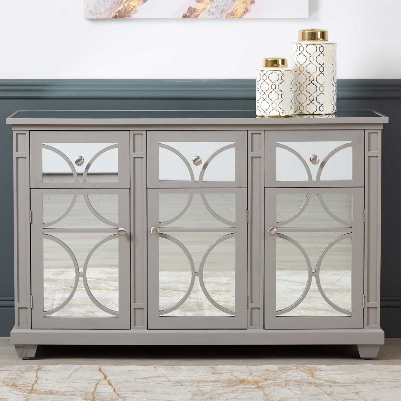 Taylor Grey & Mirrored 3 Door 3 Drawer Sideboard - The Furniture Mega Store 