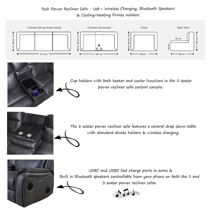 Tech Power Recliner Sofa - Usb + Wireless Charging, Bluetooth Speakers & Cooling/Heating Drinks Holders - The Furniture Mega Store 