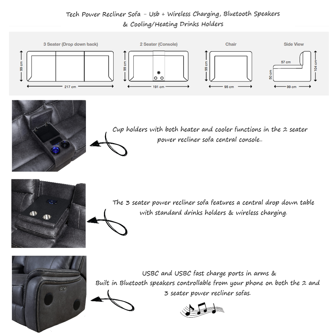 Tech Smart Power Recliner Corner Sofa - Usb + Wireless Charging, Bluetooth Speakers & Cooling/Heating Drinks Holders - The Furniture Mega Store 