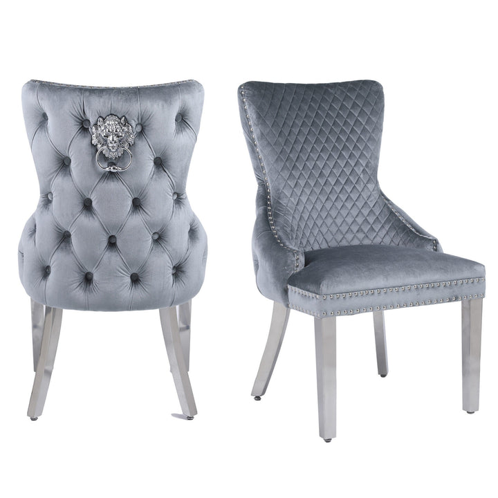 Victoria Grey Velvet & Chrome Leg - Lion Knocker Back Dining Chairs - Set Of 2 - The Furniture Mega Store 