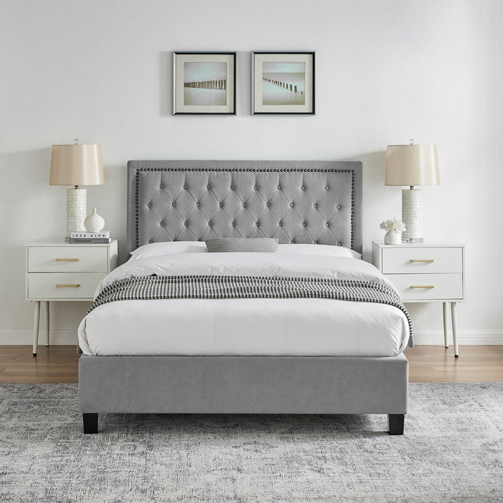 Grove Buttoned 4'6 Double Bed - Light Grey - The Furniture Mega Store 